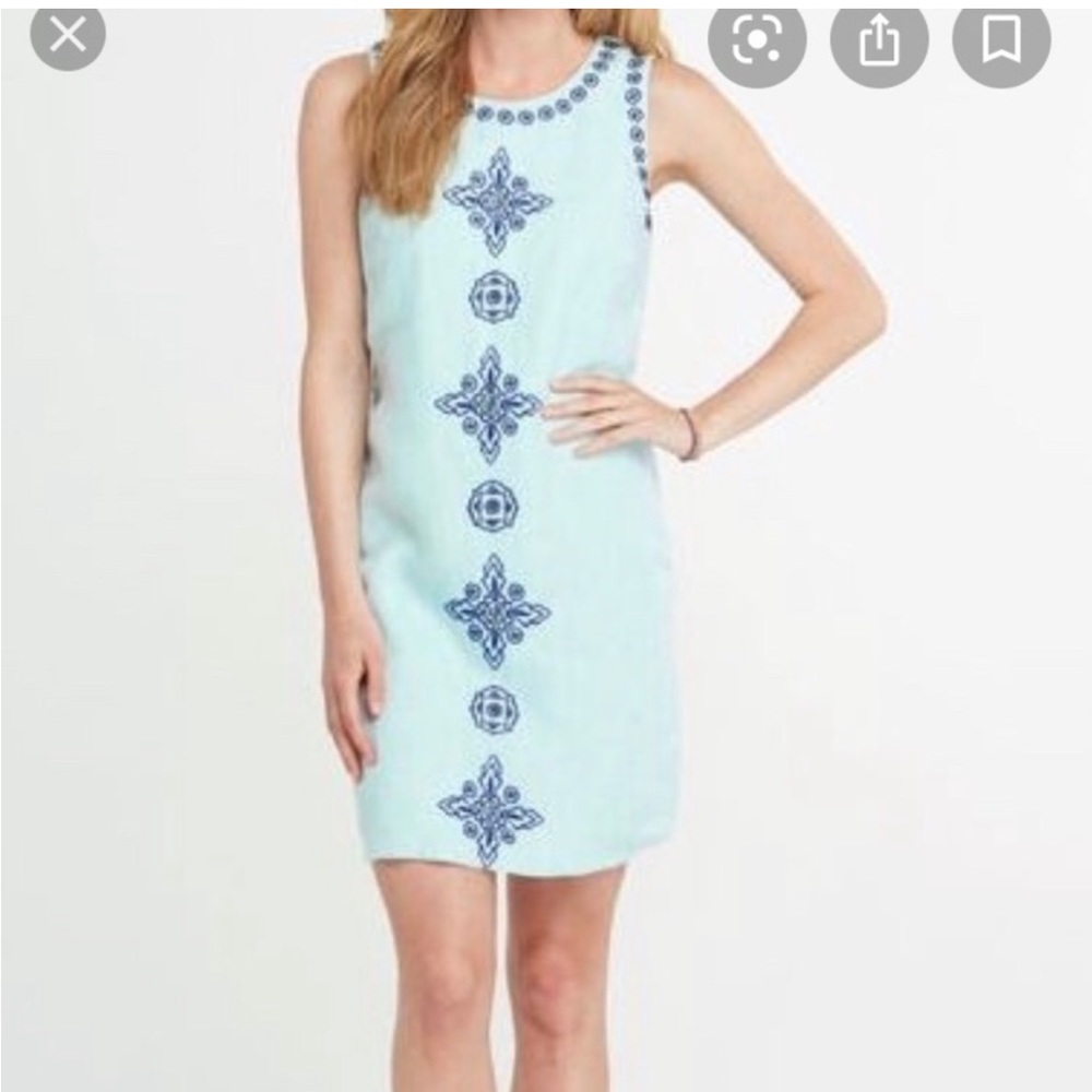 Vineyard Vines Aquamarine Embroidered and beaded 100% Linen Shift Dress